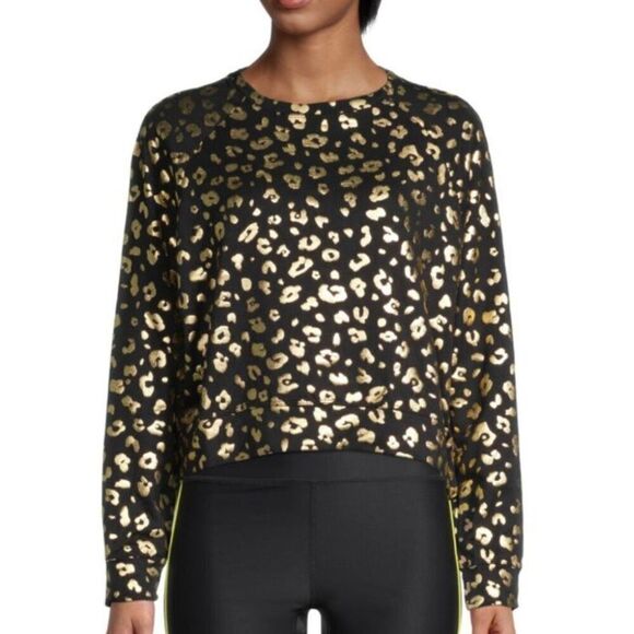Terez Metallic Foil Cheetah Print Crewneck Sweatshirt Women Large Black Gold NWT - Picture 1 of 8